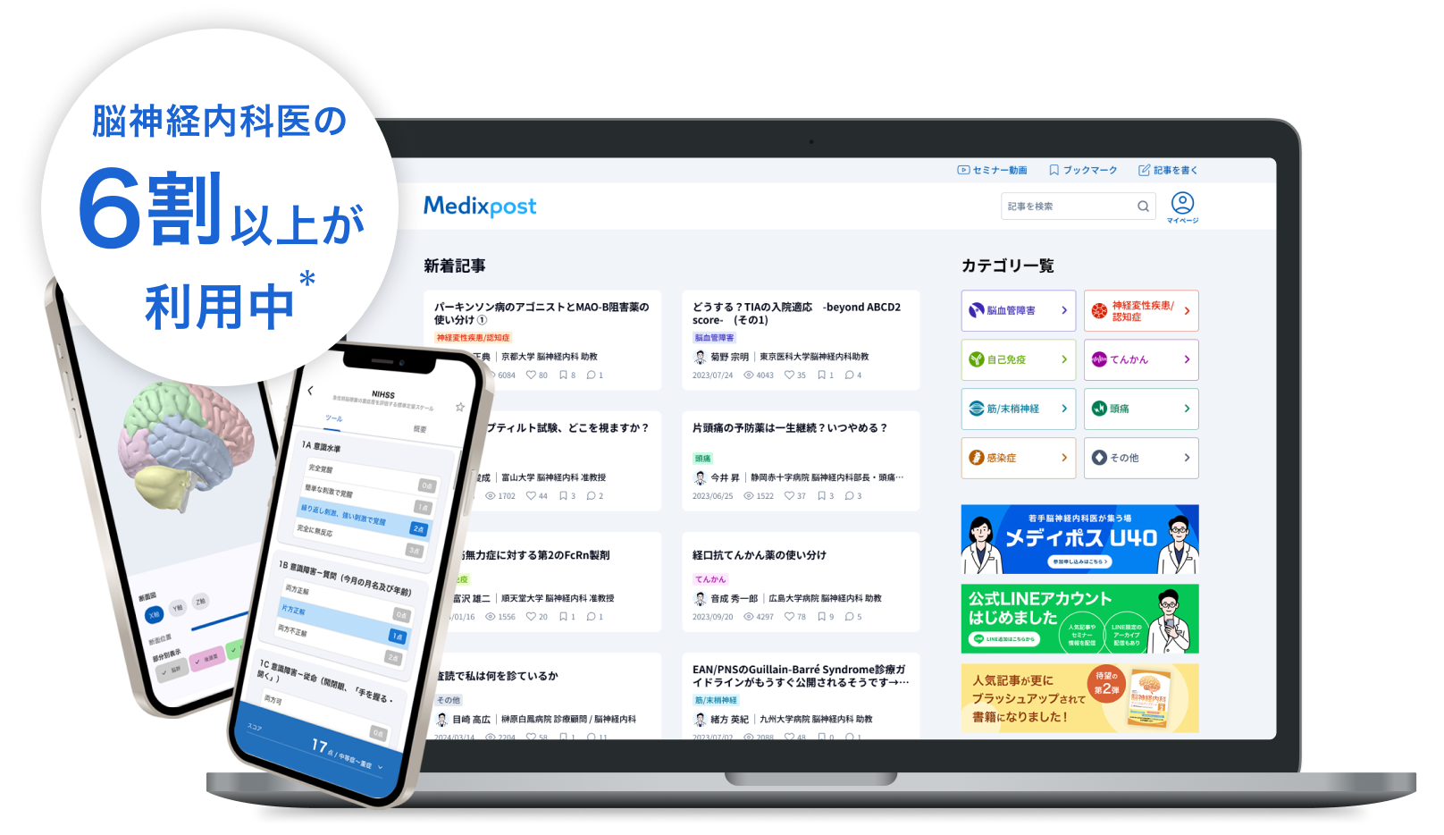 Medixpostの画面イメージ: 3D脳モデルと臨床スコア計算